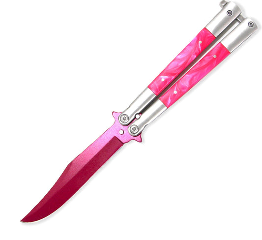 pink balisong pink butterfly knife pearl handle 