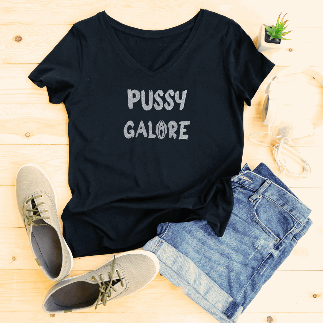 Pussy Galore Graphic T-Shirt By Terrifically Tasteless Tee - Black V-Neck